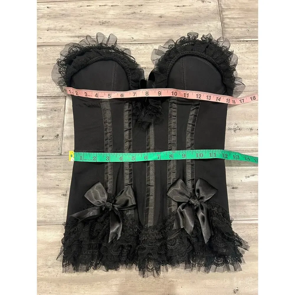 Vintage Trashy Lingerie Black Gothic Bustier Satin Bow Lace Corset Made in USA - Picture 13 of 15